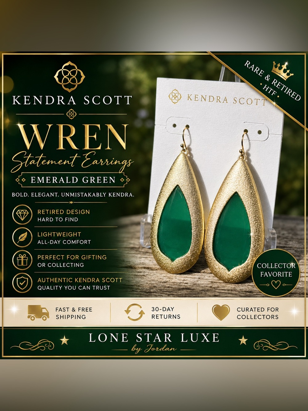 RARE/Retired Kendra Scott Wren Emerald Gold • Collector Piece • HTF Earrings